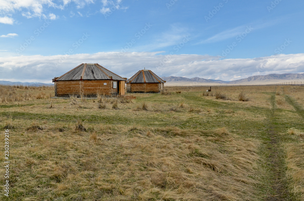 traditional Khakas wooden houses in Kings Valley near Bolshoy Salbykskiy Kurgan Ust-Abakan district, Republic of Khakassia