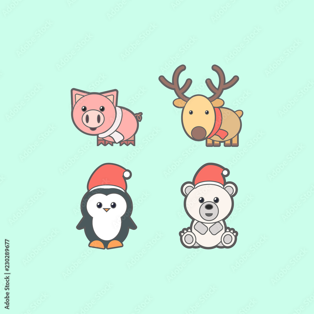 Set of cute animals for the new year. Pig, deer, penguin and bear color illustrations