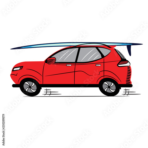 Red Car with Surfboard.Sketch-Style Icon. Symbol. Sign. Stock Vector Illustration. Transparent. White Isolated.