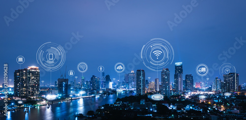 Cityscape with connecting dot technology of smart city conceptual