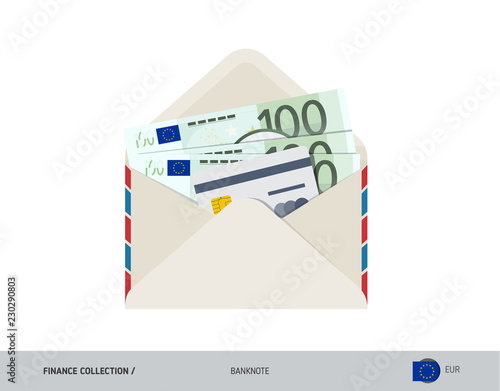 100 Euro Banknote. Flat style opened envelope with cash. Euro banknotes and credit card. Salary payout or bank transaction concept.
