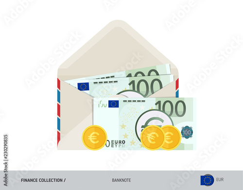 100 Euro Banknote. Flat style opened envelope with cash. Euro banknotes and coins. Salary payout or corruption concept.