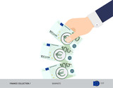 100 Euro Banknotes. Hand throwing banknotes. Flat style vector illustration. Waste of money concept.