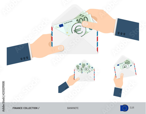 100 Euro Banknotes in envelope hold in hand. Set of flat style opened white envelopes with cash. Salary payout or corruption concept.