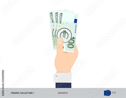 100 Euro Banknote. Hand gives money. Flat style vector illustration. Salary payout or corruption concept.