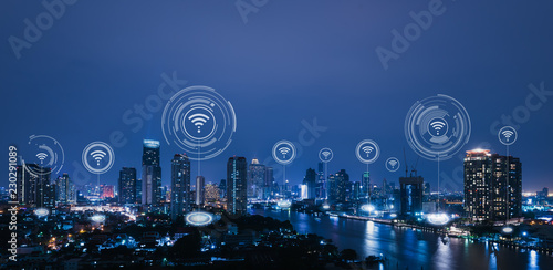 Cityscape with connecting dot technology of smart city conceptual photo