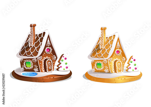 Two gingerbread houses. Cute hand drawn honey cakes. Traditional sweet Christmas treat. Colorful vector illustration.