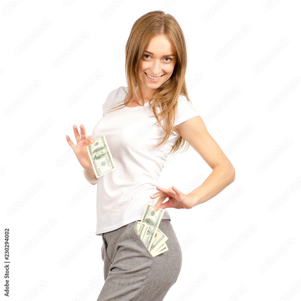 Beautiful woman in the hands of money dollars in pockets on white background. Isolation. Beautiful woman in the hands of money dollars in pockets on white background. Isolation.
