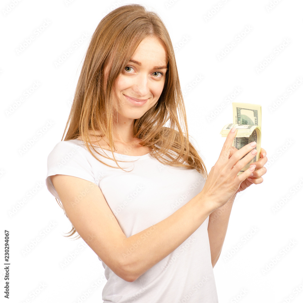 Beautiful woman in the hands of money dollars on white background. Isolation. Beautiful woman in the hands of money dollars on white background. Isolation.