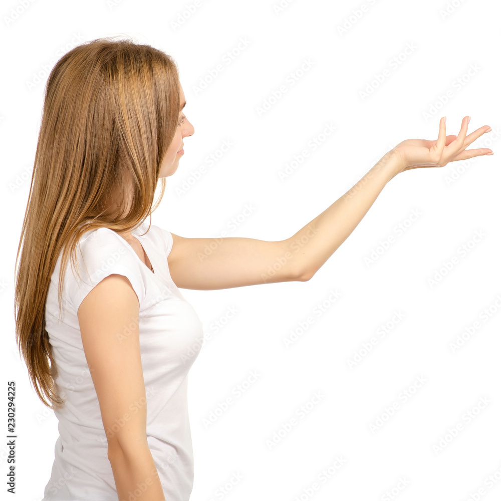 Beautiful woman back showing hand on white background isolation. Beautiful woman back showing hand on white background isolation.