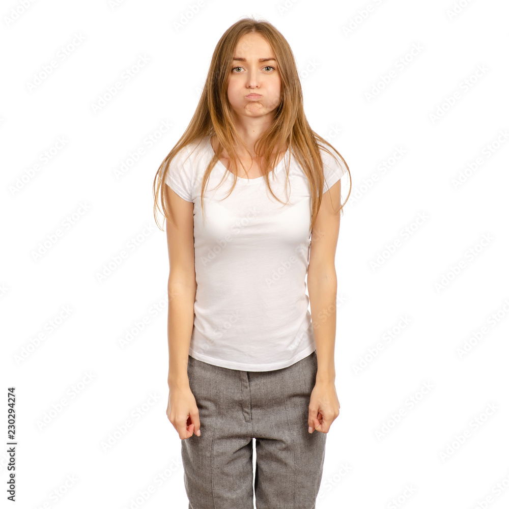 Beautiful woman puffed out her cheeks on a white background. Isolation Beautiful woman puffed out her cheeks on a white background. Isolation