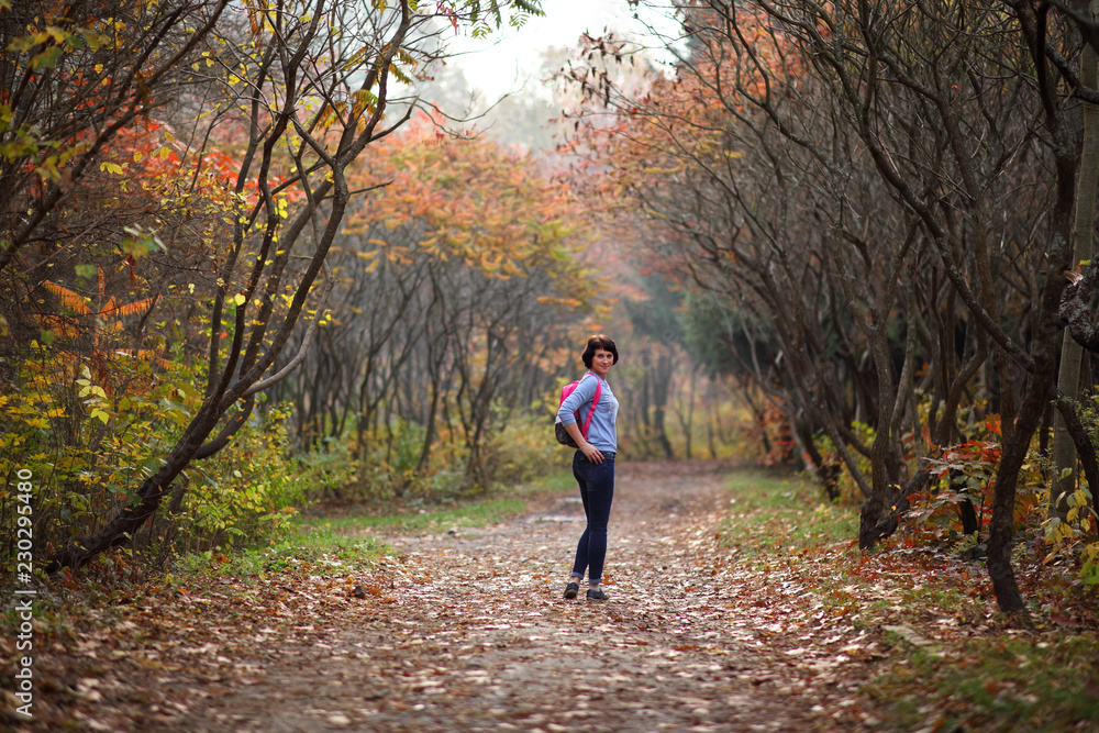 Girl in a yellow autumn forest. Beautiful young woman walks along the path of the autumn forest.