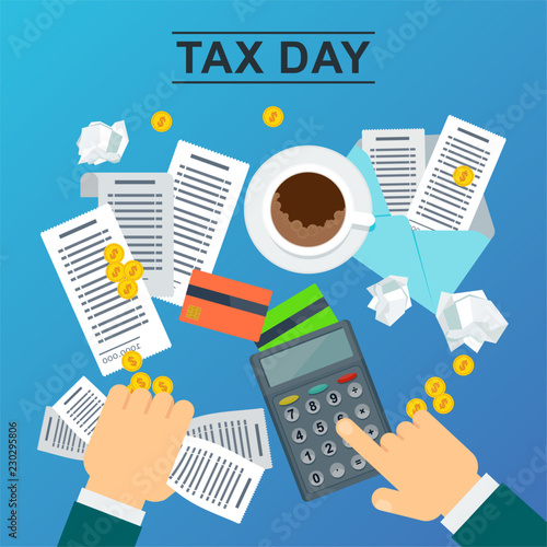 Tax day concept. Man holds accounts in his hand and calculates the cost of a calculator. Flat vector illustration on blue background.