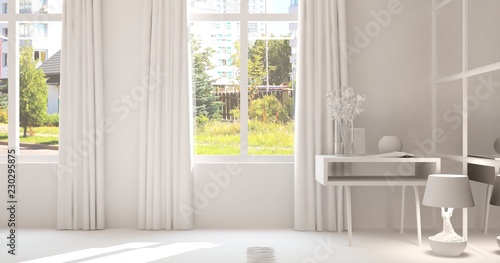 White empty room with summer landscape in window. Scandinavian interior design. 3D illustration