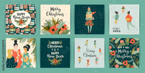 Christmas and Happy New Year templates. Trendy retro style.