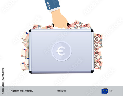 Hand holds a metal case with 50 Euro Banknotes. Flat style vector illustration. Salary payout or corruption concept.