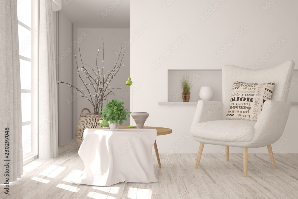 Inspiration of white minimalist room with armchair. Scandinavian interior design. 3D illustration Inspiration of white minimalist room with armchair. Scandinavian interior design. 3D illustration