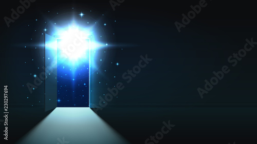 Mystical light from the open door of a dark room, open space, cosmos, background, discovery, abstract glowing exit, mock up