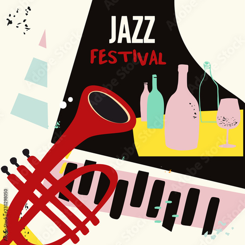 Jazz music and wine colorful background flat vector illustration. Party flyer, jazz music club, wine tasting event, wine festival, celebrations poster for brochure, invitation card, promotion banner