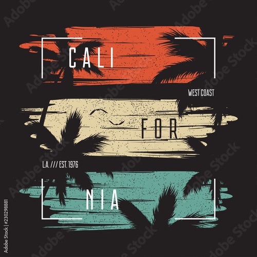 California t-shirt typography with color grunge background and palm trees silhouettes. Trendy apparel design. Vector ollustration.