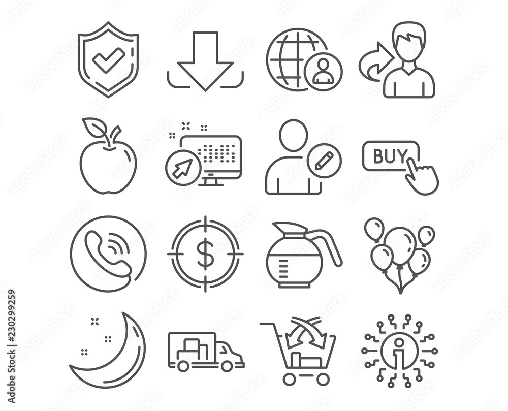 Fototapeta premium Set of Truck transport, Balloons and International recruitment icons. Dollar target, Cross sell and Coffeepot signs. Edit user, Buy button and Download symbols. Delivery, Air balloons, Apple vector