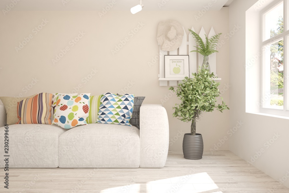 Idea of white minimalist room with sofa. Scandinavian interior design. 3D illustration Idea of white minimalist room with sofa. Scandinavian interior design. 3D illustration