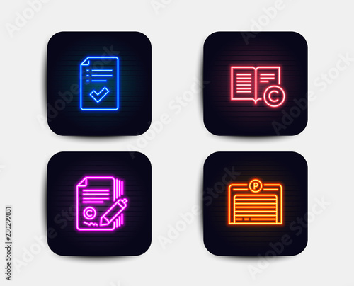Neon glow lights. Set of Approved checklist, Copywriting and Copyright icons. Parking garage sign. Accepted message, Ð¡opyright signature, Copywriting book. Automatic door.  Neon icons. Vector