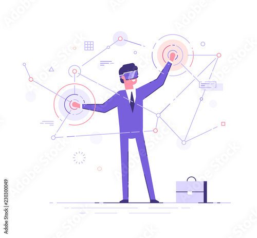 A young man in formal suit wearing virtual reality goggles and headset with a projection of a digital world. Business concept. Flat vector illustration.