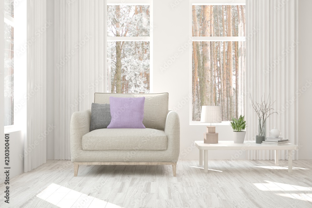 Fototapeta premium White room with armchair and winter landscape in window. Scandinavian interior design. 3D illustration