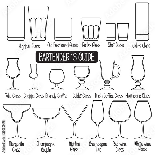 Drink glasses with titles, black and white icons set.