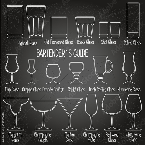 Drink glasses with titles, black and white icons set 1