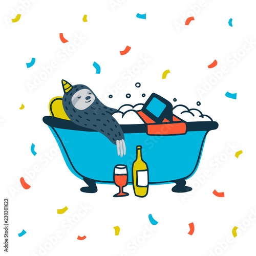 Animal party. Lazy sloth party. Cute sloth relaxing in the bathroom with wine...