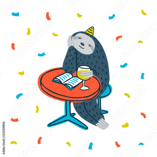 Animal party. Lazy sloth party. Cute sloth sitting at a table with book and w...