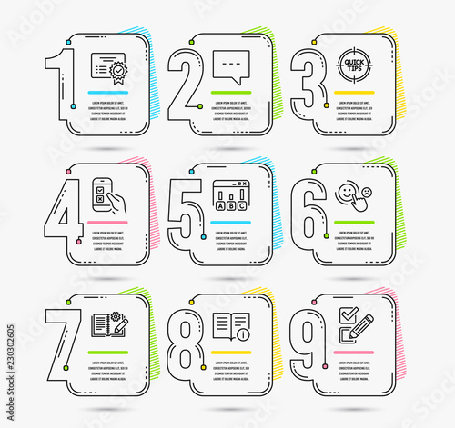 Infographic timeline. Set of Blog, Survey results and Mobile survey icons. Technical info, Certificate and Tips signs. Timeline vector