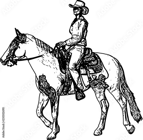 cowgirl riding horse sketch drawing - vector