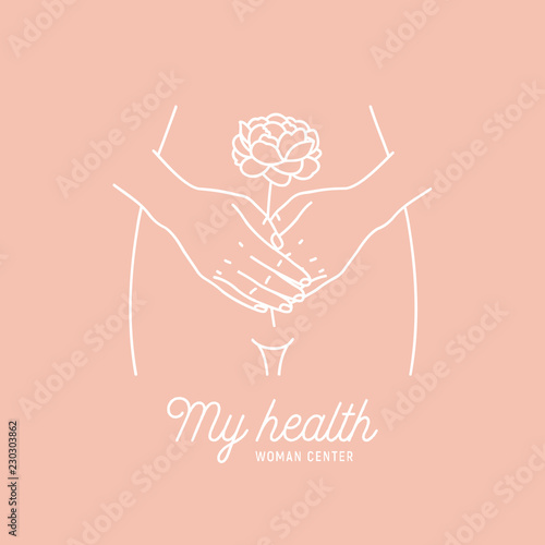 Woman health logotype. Intimate hygiene. Hands with the flower. Vector illustration