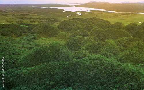 Aerial view on the beautiful sunset above mountains and green mangrove tropical forest in Siargao island, the Philippines. © mahara