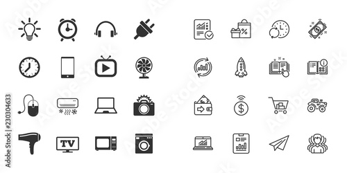 Set of Electronics, Home appliances and Devices icons. Hairdryer, Photo camera and Notebook signs. Air conditioning, Washing machine and Microwave oven symbols. Vector