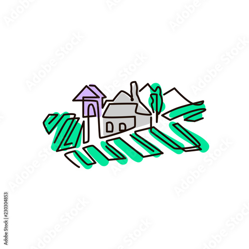 Vector Line icon. Vineyard landscape. One line colored drawing. Isolated on white background