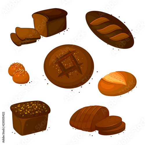 Set vector rye dark read icons. Vector illustration isolated on a white background. Bakery product in cartoon style.
