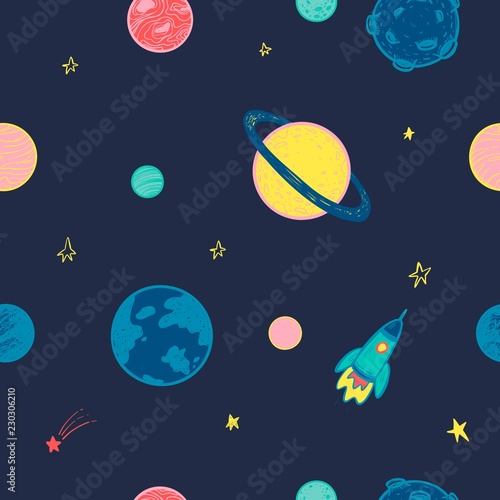 Simless pattern with planets in space. Vector illustration.