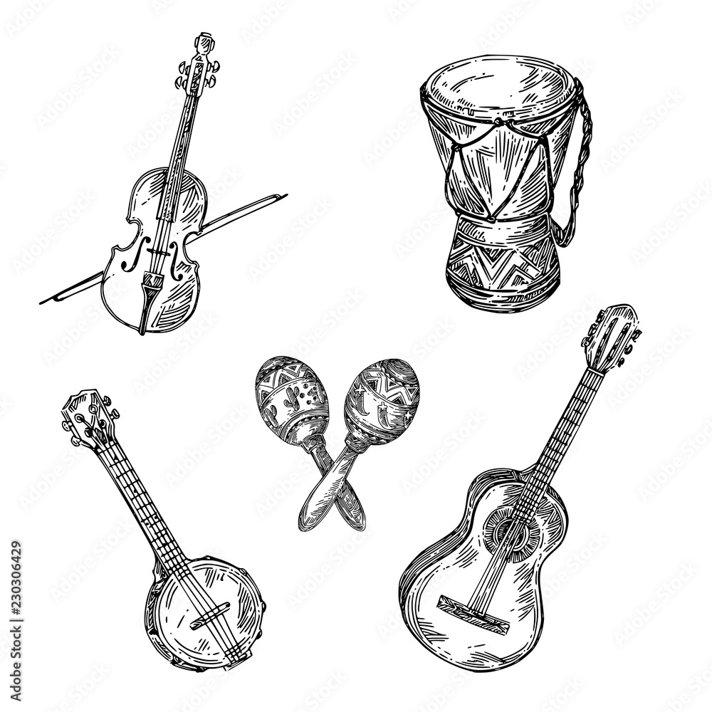 Naklejka premium Set of musical instruments. Violin, maracas, guitar, banjo and drum. Sketch. Engraving style. Vector illustration.