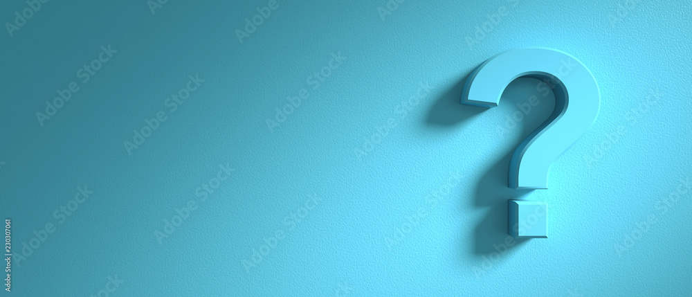 Question mark on blue wall background, banner, copy space. 3d illustration - obrazy, fototapety, plakaty 