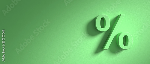 Percentage sign on green wall background, banner, copy space. 3d illustration photo