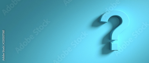 Question mark on blue wall background, banner, copy space. 3d illustration