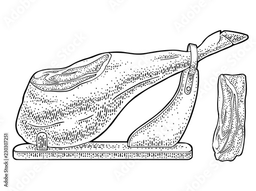 Jamon on horizontal wood stand and slice. Vintage engraving