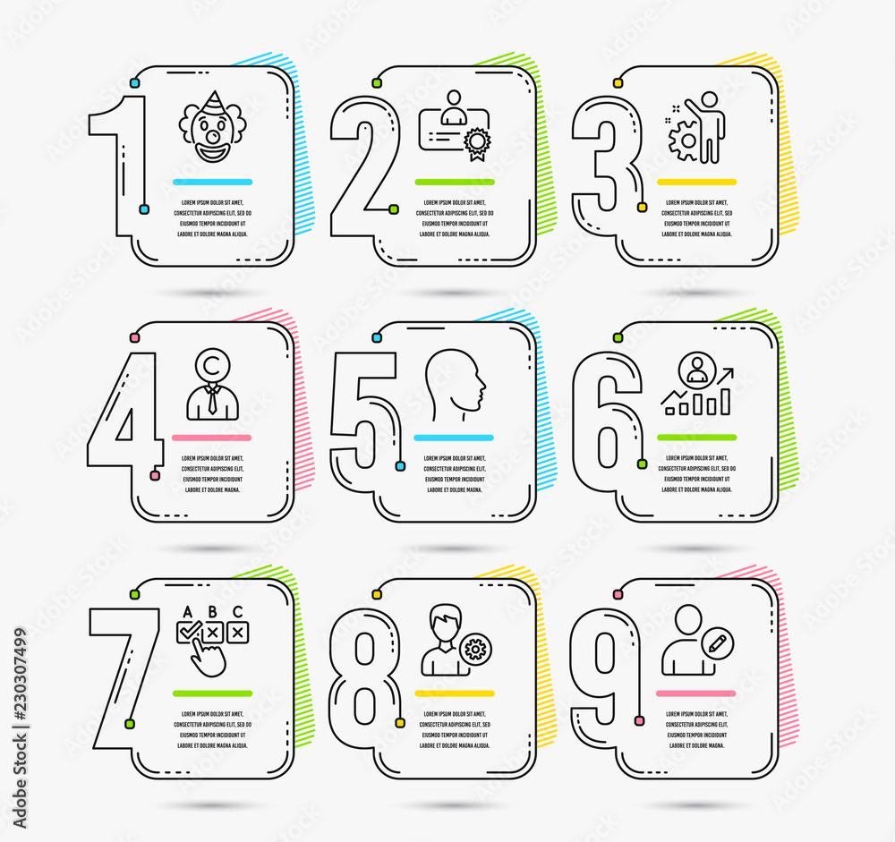 Infographic template with numbers 9 options. Set of Support, Copyrighter and Employee icons. Clown, Career ladder and Certificate signs. Head, Correct checkbox and Edit user symbols. Vector Infographic template with numbers 9 options. Set of Support, Copyrighter and Employee icons. Clown, Career ladder and Certificate signs. Head, Correct checkbox and Edit user symbols. Vector