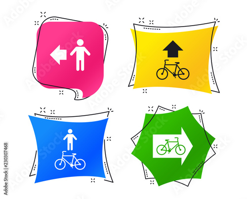 Pedestrian road icon. Bicycle path trail sign. Cycle path. Arrow symbol. Geometric colorful tags. Banners with flat icons. Trendy design. Vector