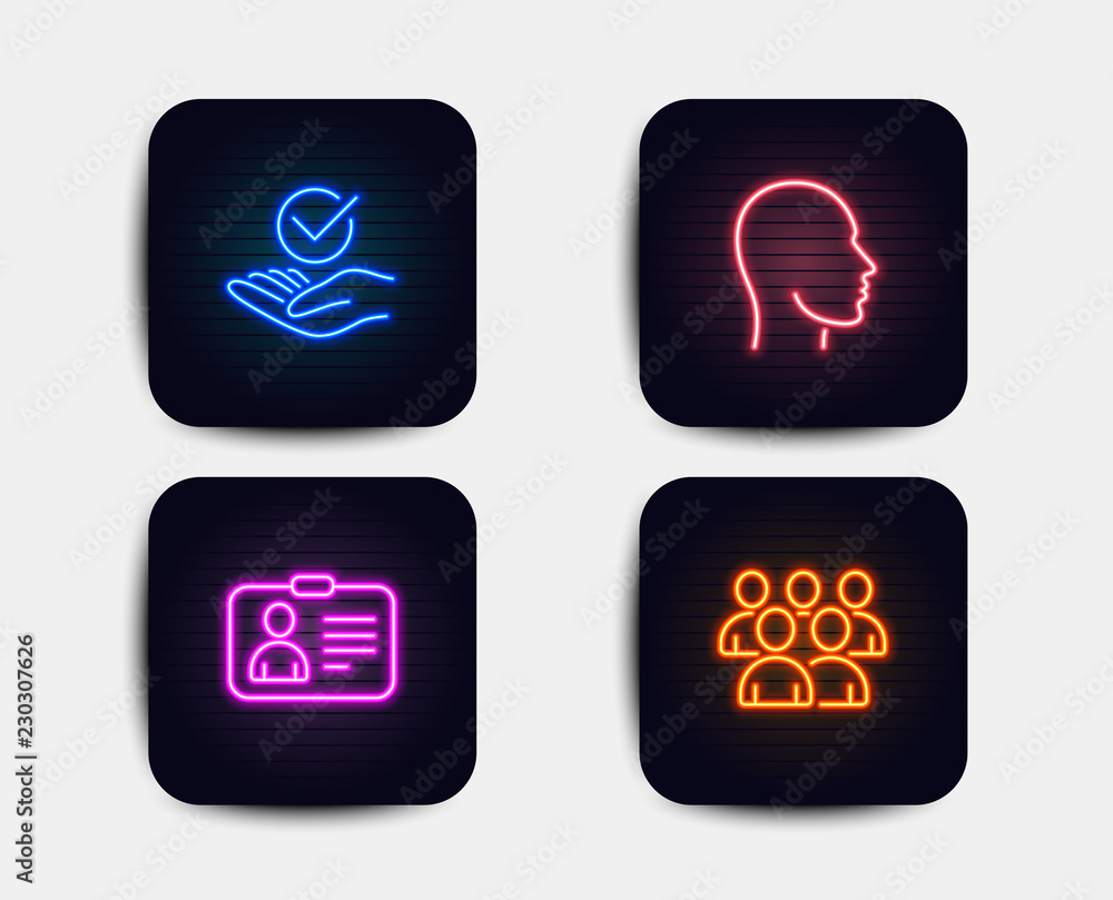 Neon glow lights. Set of Id card, Head and Approved icons. Group sign. Human document, Human profile, Verified symbol. Developers. Neon icons. Glowing light banners. Approved vector Neon glow lights. Set of Id card, Head and Approved icons. Group sign. Human document, Human profile, Verified symbol. Developers. Neon icons. Glowing light banners. Approved vector