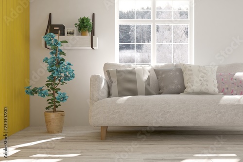 White room with sofa and winter landscape in window. Scandinavian interior design. 3D illustration